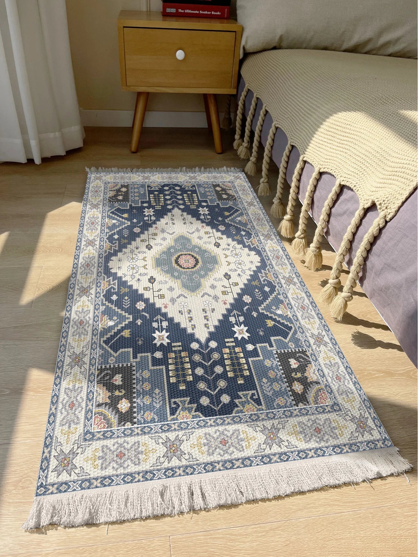 Handwoven cotton linen carpet retro Bohemian style square bedside geometric floor mat living room home decoration Bohemian manda