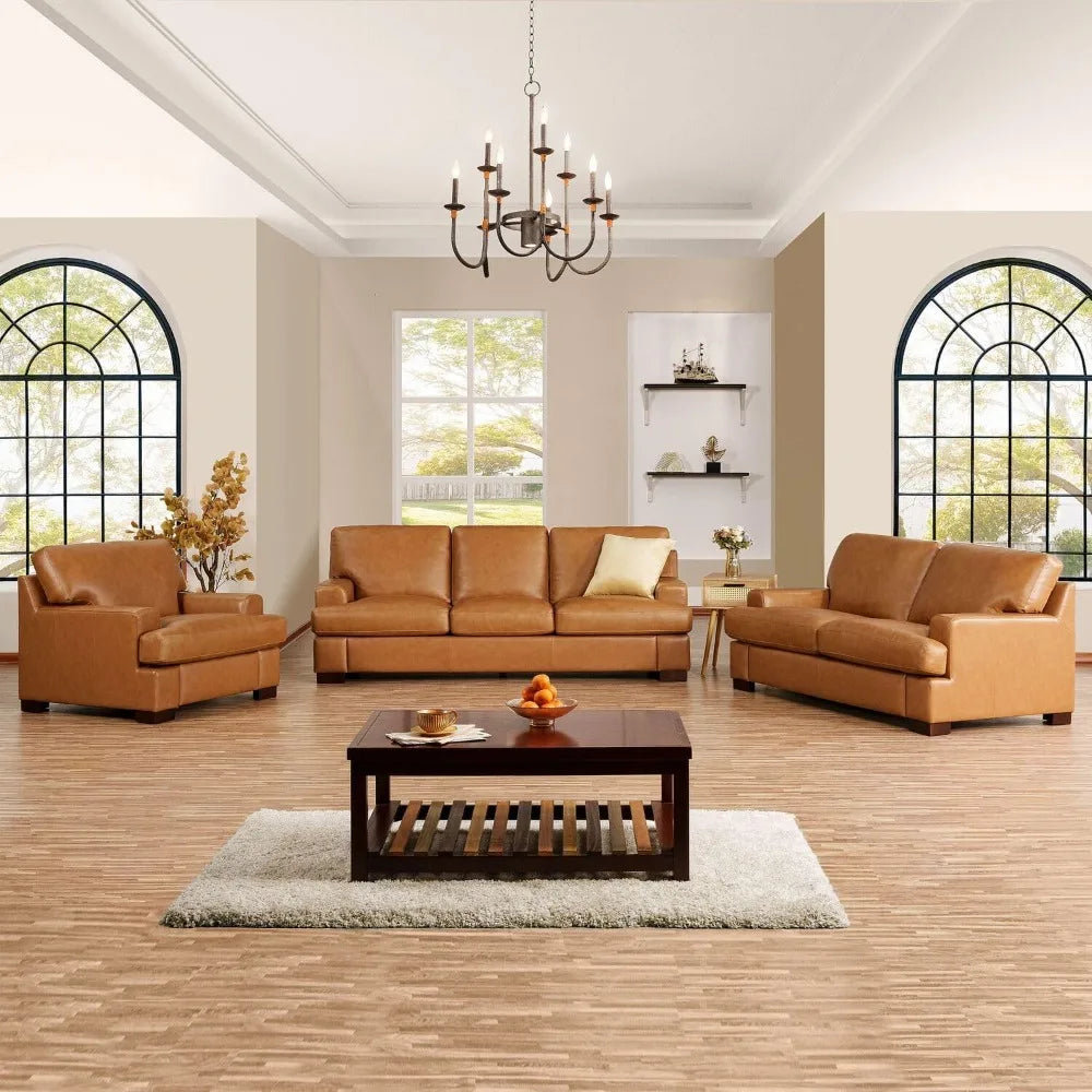 Genuine Leather Sofa - Set of 3 Luxurious Comfort, Goose Feather Cushion Filling, Square Arm Design, Sturdy Block Legs