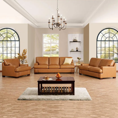 Genuine Leather Sofa - Set of 3 Luxurious Comfort, Goose Feather Cushion Filling, Square Arm Design, Sturdy Block Legs