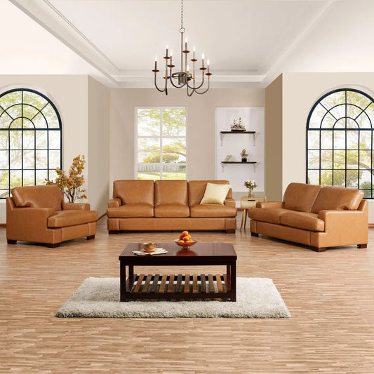 Genuine Leather Sofa - Set of 3 Luxurious Comfort, Goose Feather Cushion Filling, Square Arm Design, Sturdy Block Legs