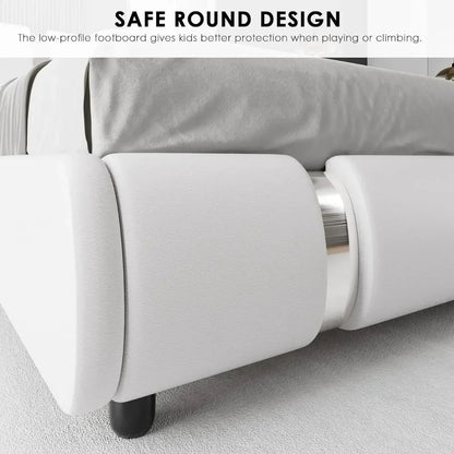Modern Faux Leather Upholstered Platform Bed Frame with Golden Iron Metal Decor, Adjustable Curved Headboard, Queen Size, White