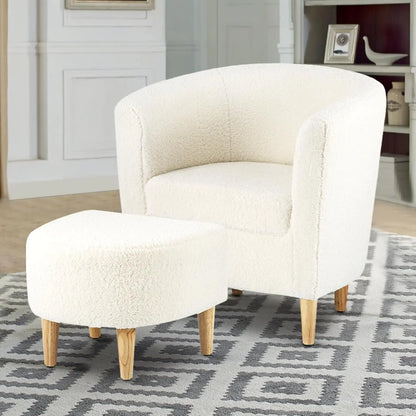 Accent Chair, Sherpa Chair White Fluffy Chair Teddy Barrel Chair with Ottoman Comfy ArmChair Footrest Set