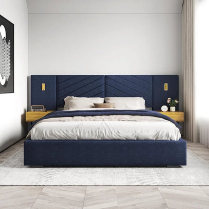 Luxury Bed Frame with Built-in Gold LED Lights and Nightstands, King Size Platform Bed with Oversize Upholstered Headboard