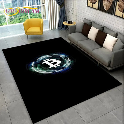 3D Bitcoin Virtual Currency Area Rug Large, Carpet Rug for Living Room Bedroom Sofa Playroom Doormat Decor, Kid Non-slip Floor Mat