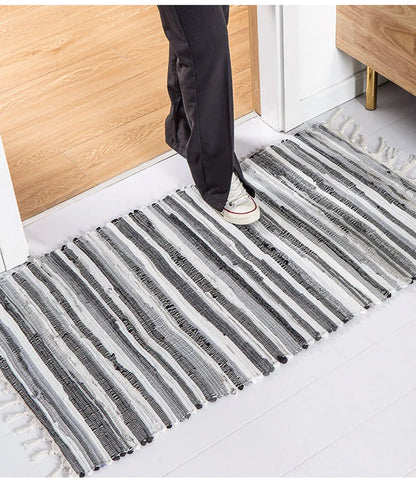 Cotton Tassel Carpet Rug Handmade Bedroom Rug Bedside Floor Mat Entrance Doormat Stripe Kitchen Mat Machine Washable Bath Rug