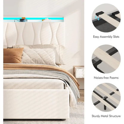 bedstead King Size Lift Up Storage, Height Adjustable Storage Headboard with Charging Station, LED Lights Platform Bed, bedstead