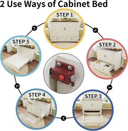 Full Size Murphy Bed, Cabinet Bed with Charging Station Large Storage Drawer for Home Office or Small Room, Hideaway Bed Full Fo