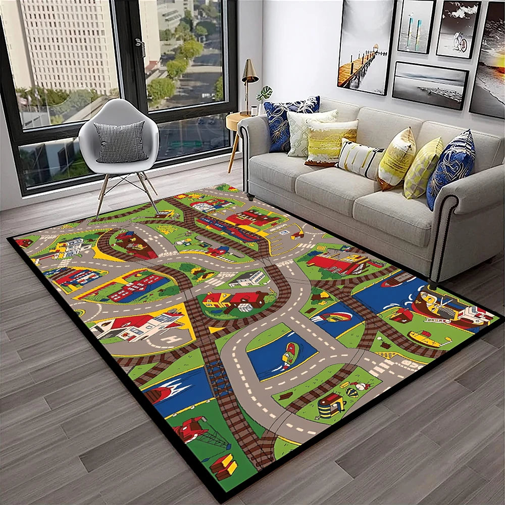 Child Playmat Traffic Highway City Playroom Carpet Rug for Home Living Room Bedroom Doormat Decor, Area Rug Non-slip Floor Mat