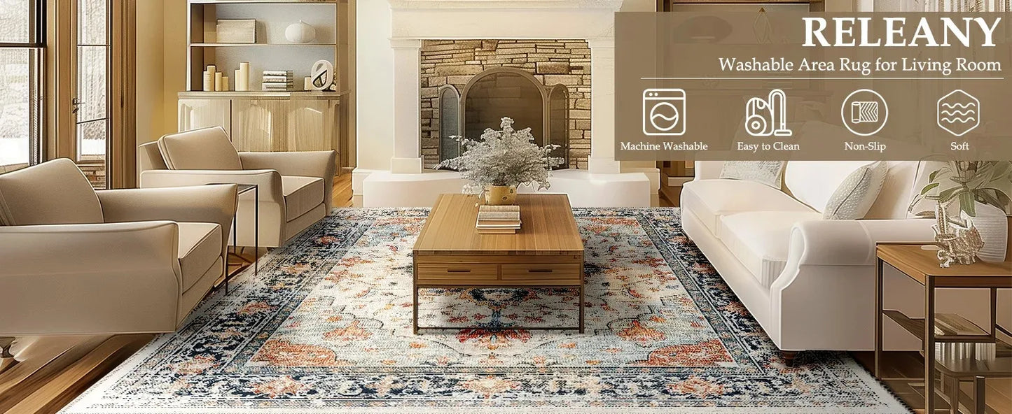 VIKAMA Boho Luxury Floral Loop-Pile Carpet - Chic Bohemian Area Rug for Living Room & Bedroom, Durable Non-Slip Mat Home Decor