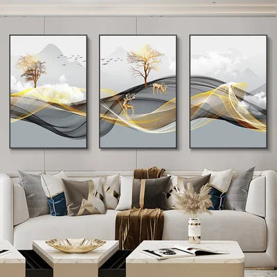 3 Nordic Luxury Ribbon Abstract Wall Art Landscape Modern Poster Print Picture Living Room Home Decorative Painting