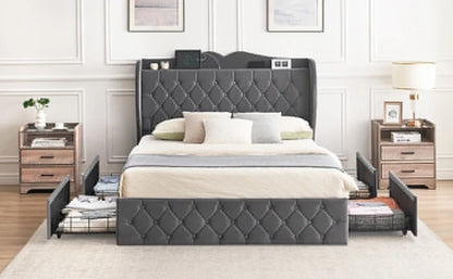 Bed Frame, 4 Storage Drawers and Charging Station Velvet Upholstered Bed with Tall Headboard and Storage Shelf, Bedroom Furnture