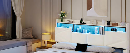 Bed Frame, with Storage Headboard and Power Outlet, Floating Platform Bed with LED Lights, Wood Slats Support, Bedroom Bed