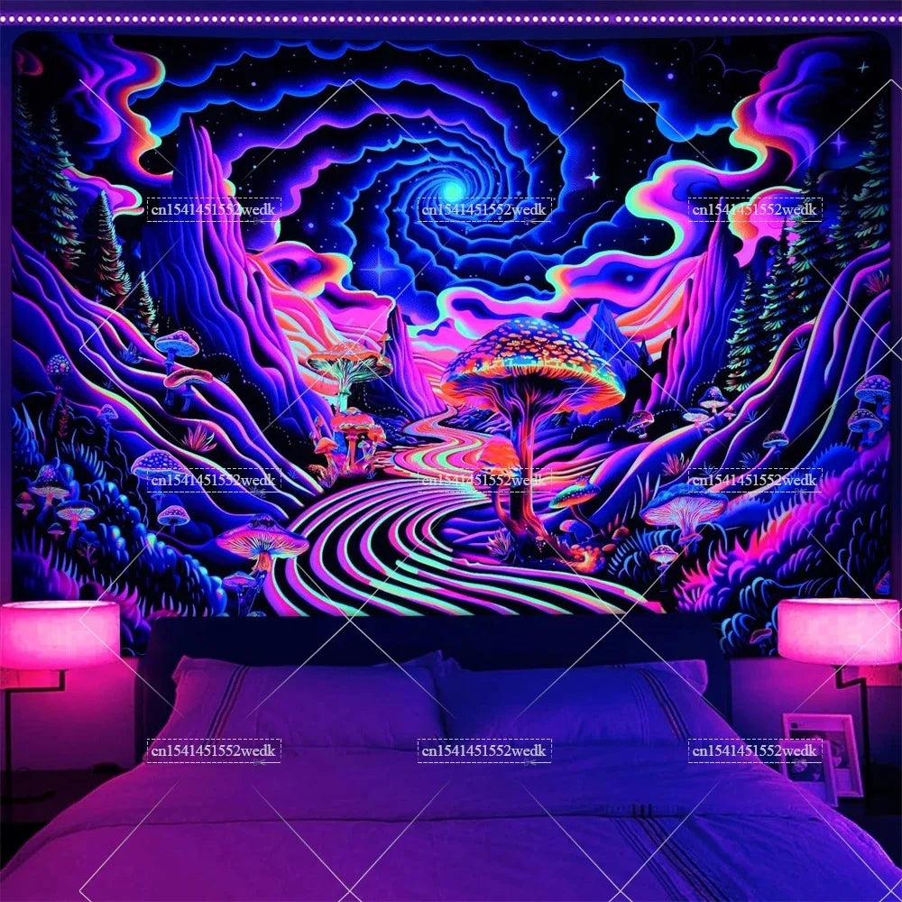 Blacklight Mushroom Tapestry UV Reactive Hippie Skull Tapestries Wall Hanging Eyes Forest Tapestry Glow In The Dark Posters