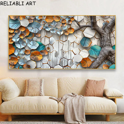 Abstract 3D Bule Flower Tree Poster and Prints Modern Canvas Painting Wall Art Pictures for Living Room Home Decor No Frame