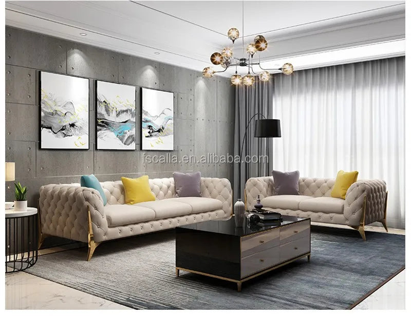 Home Furniture Chesterfield Design Royal Luxury Gold Foot Living Room Genuine Leather Velvet Sofa Set