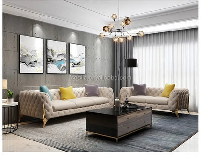 Home Furniture Chesterfield Design Royal Luxury Gold Foot Living Room Genuine Leather Velvet Sofa Set