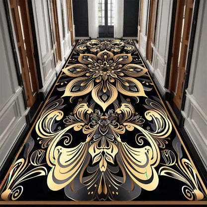 Luxury Black Golden Long Corridor Carpet Hall Runner Decor Non-slip Washable Stairway Rugs European Aisle Floor Mat Customizable