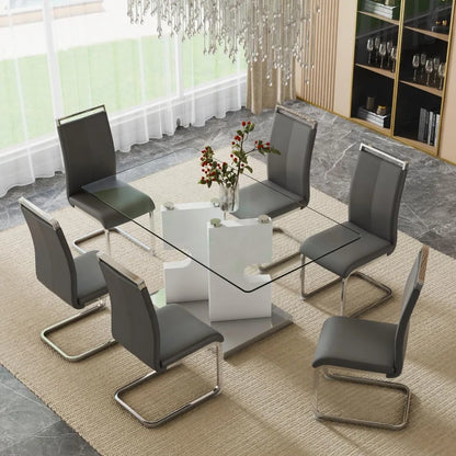 Modern dining table set for 6 people, glass table with 6 faux leather chairs, kitchen display table, suitable for living room