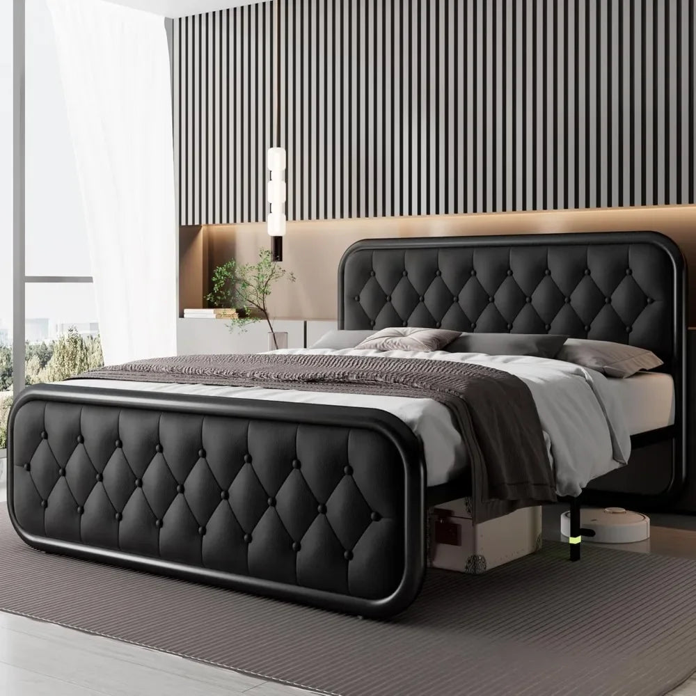 Heavy Duty Bed Frame with Faux Leather Headboard, Upholstered Platform Bed with Strong Metal Slats, 12" Under-Bed Storage