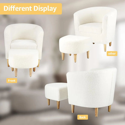 Accent Chair, Sherpa Chair White Fluffy Chair Teddy Barrel Chair with Ottoman Comfy ArmChair Footrest Set