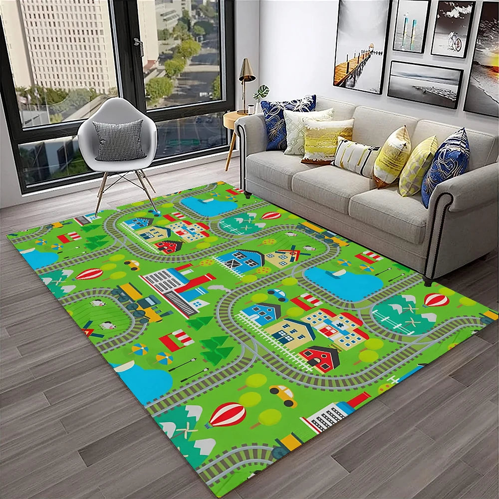 Child Playmat Traffic Highway City Playroom Carpet Rug for Home Living Room Bedroom Doormat Decor, Area Rug Non-slip Floor Mat