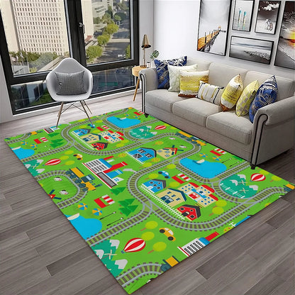 Child Playmat Traffic Highway City Playroom Carpet Rug for Home Living Room Bedroom Doormat Decor, Area Rug Non-slip Floor Mat