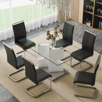 Modern dining table set for 6 people, glass table with 6 faux leather chairs, kitchen display table, suitable for living room