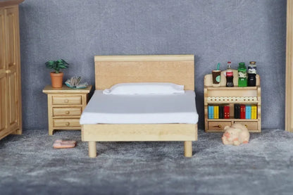 1:12 Scale Miniature Dollhouse Double Bed Mini Bedroom Wardrobe Furniture for OB11 BJD Doll Accessories Toy