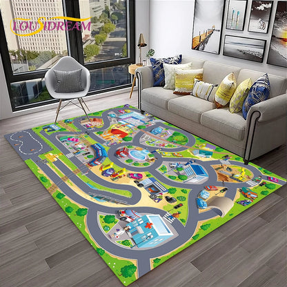 Child Playmat Traffic Highway City Playroom Carpet Rug for Home Living Room Bedroom Doormat Decor, Area Rug Non-slip Floor Mat