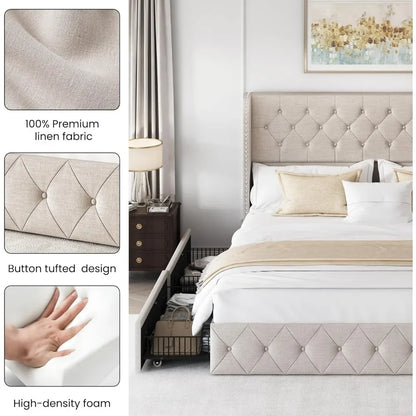King Size Bed Frame with 4 Storage Drawers and Tufted Headboard Linen Upholstered Platform Bed Frame Wingback Beds.
