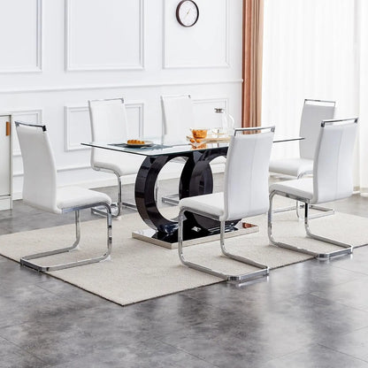 Glass Dining Table Set for 6 ,7 Piece Dining Table Set,Tempered Glass Table Top,PU Leather Ergonomic Dining Chairs Easy Assembly