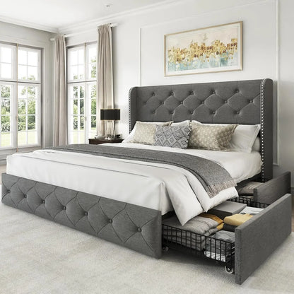 King Size Bed Frame with 4 Storage Drawers and Tufted Headboard Linen Upholstered Platform Bed Frame Wingback Beds.