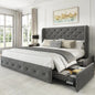King Size Bed Frame with 4 Storage Drawers and Tufted Headboard Linen Upholstered Platform Bed Frame Wingback Beds.