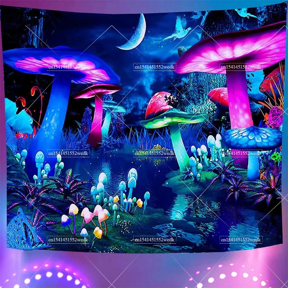 Blacklight Mushroom Tapestry UV Reactive Hippie Skull Tapestries Wall Hanging Eyes Forest Tapestry Glow In The Dark Posters