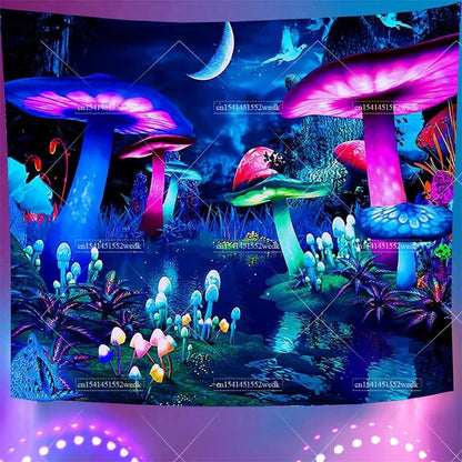 Blacklight Mushroom Tapestry UV Reactive Hippie Skull Tapestries Wall Hanging Eyes Forest Tapestry Glow In The Dark Posters