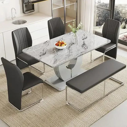 Modern Dining Set Table and  Chairs,Dining Room Table Set and 4 PU Leather Upholstered Dining Chairs,63'' Large Dinner Table Set