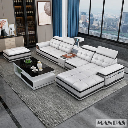 Bluetooth Speaker and Massage Italian Leather Sofa Set with USB, Cup Holder, Adjustable Headrests, Projector Living Room Couch