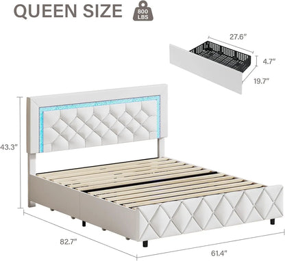 Queen Bed Frame with LED Lights, Upholstered Bed Frame with 4 Storage Drawers, Princess Platform Bed with Diamond Headboard