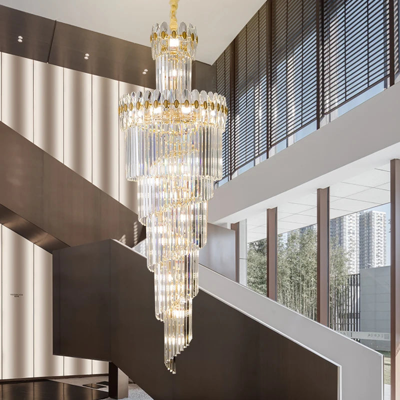 Post-Modern Duplex Villa Hall Crystal Chandelier Simple Light Luxury Jump Floor Floor Rotating Hollow Long Strip Crystal Chandel