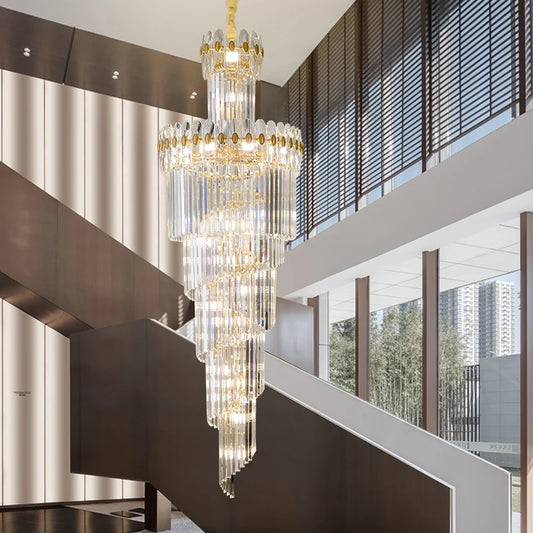 Post-Modern Duplex Villa Hall Crystal Chandelier Simple Light Luxury Jump Floor Floor Rotating Hollow Long Strip Crystal Chandel
