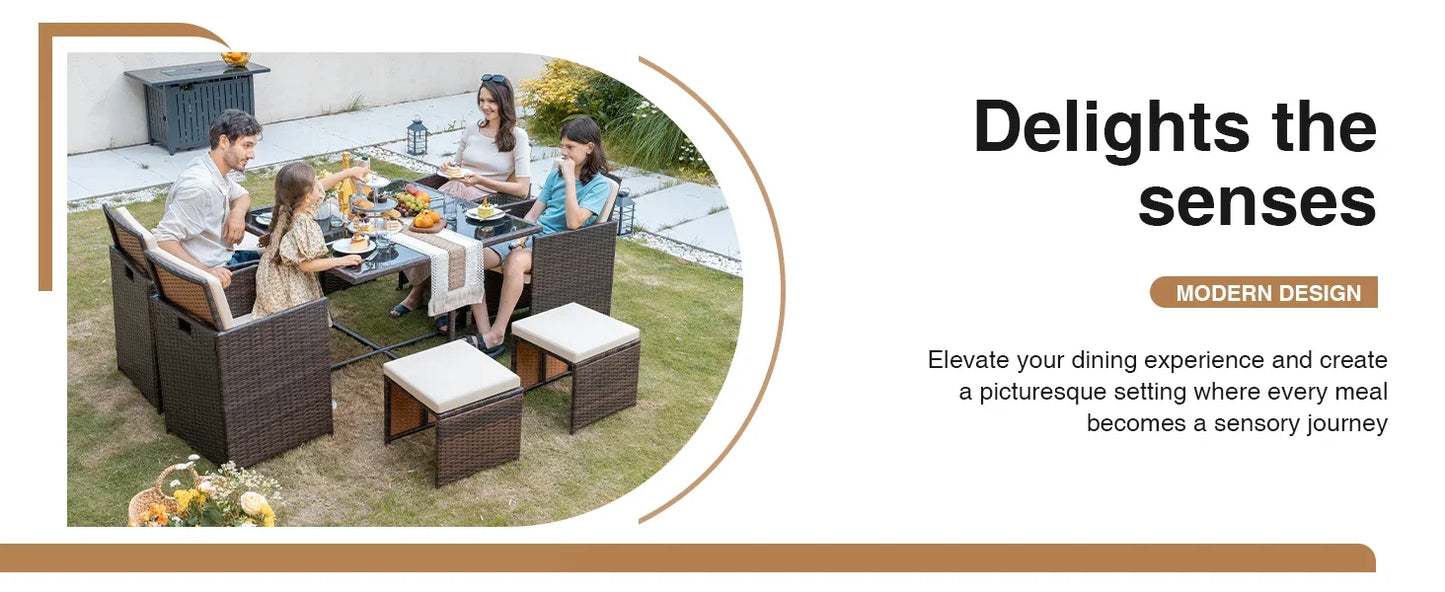 9 Pieces Patio Dining Sets Outdoor Space Saving Rattan Chairs with Glass Table Patio Furniture Sets Cushioned Seating (Beige)