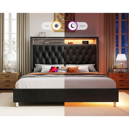 King Bed Frame with Headboard LED Lights and Charging Station, Velvet Tall Upholstered Platform Bed Storage No Box Spring Needed