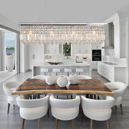 Modern Crystal Chandelier for Dining Room 8-Light  Rectangle Raindrop Chandelier Contemporary Rectangular Fixture Pendant Light