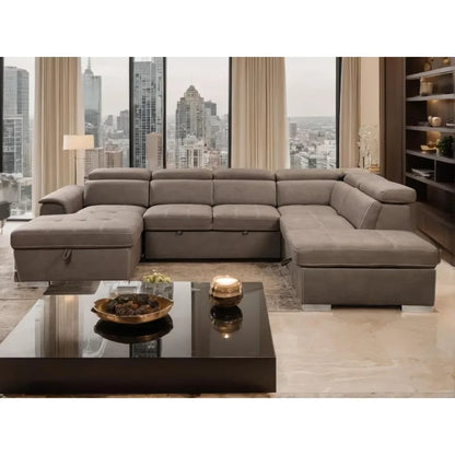Wohnzimmer Sofas,U-Shaped Sectional Sofa with Pull-Out Bed, Adjustable Headrests, and Storage Chaise, U-Shaped Sectional Sofa