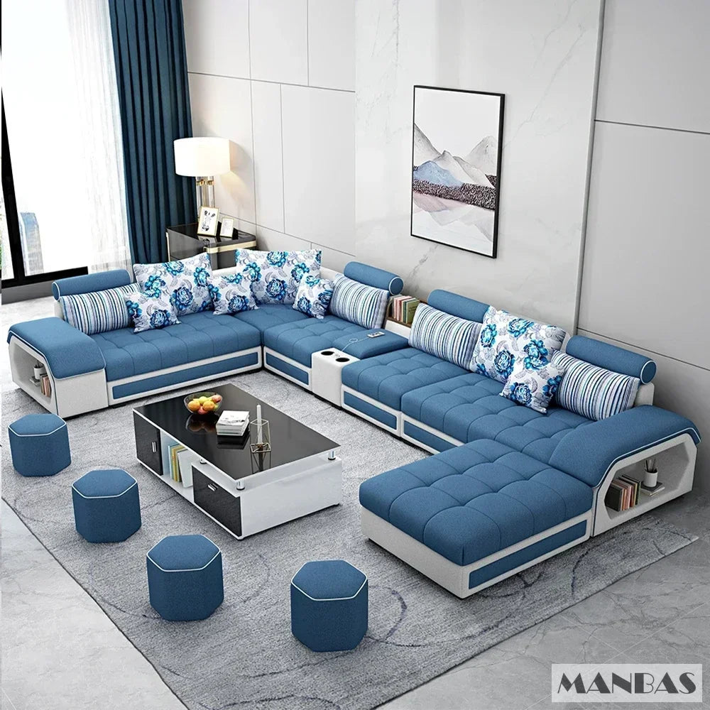 Linlamim Fabric Sofa Set Furniture Living Room Sofa Set With USB And Stools