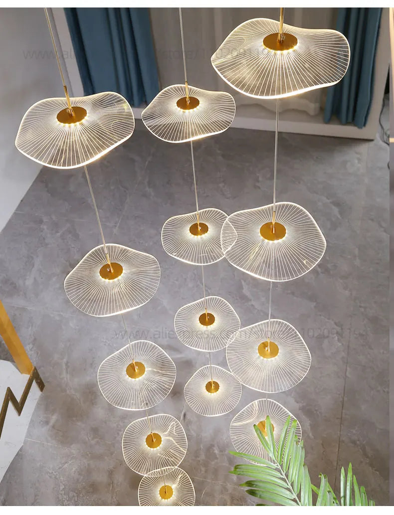 Led Staircase Pendant Lamp Modern Circular Lotus Leaf Living Room Chandelier Designer Villa Style Large Penthouse Chandelier