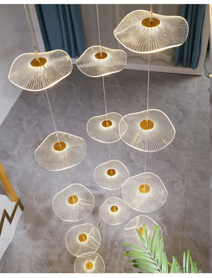 Led Staircase Pendant Lamp Modern Circular Lotus Leaf Living Room Chandelier Designer Villa Style Large Penthouse Chandelier