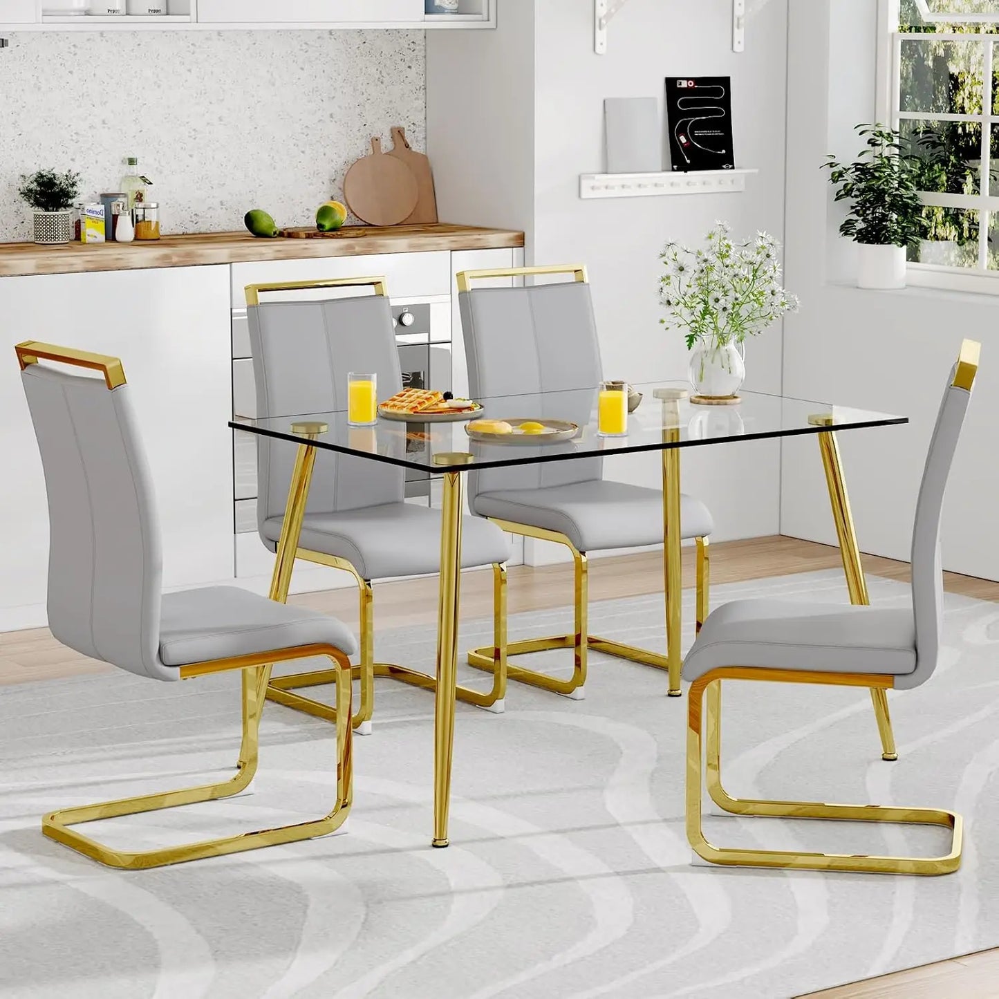 Glass Dining Table Set for 4,5 Piece Dining Table and Chairs Set，Modern Kitchen Dining Room Table with 4 Black PU Leather