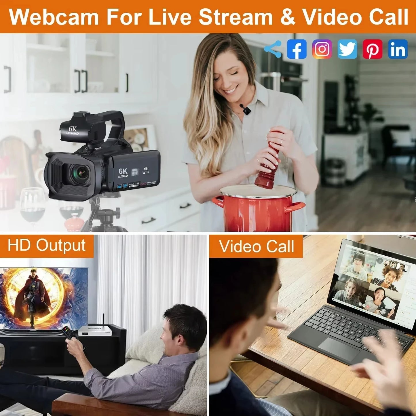 6K Ultra HD Professional Video Cameras for Photography 18X Digital Zoom YouTube Live Streaming Camcorders 64MP Vlogging Recorder