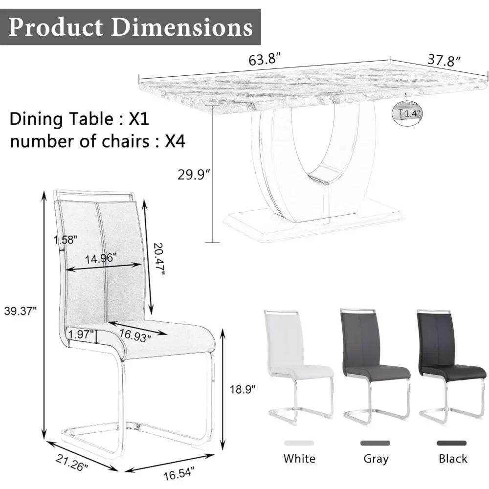 63" 7-Piece Dining Table Set, Faux Marble Table with 6 White PU Leather Dining Chairs, Dining Table and Chairs Set